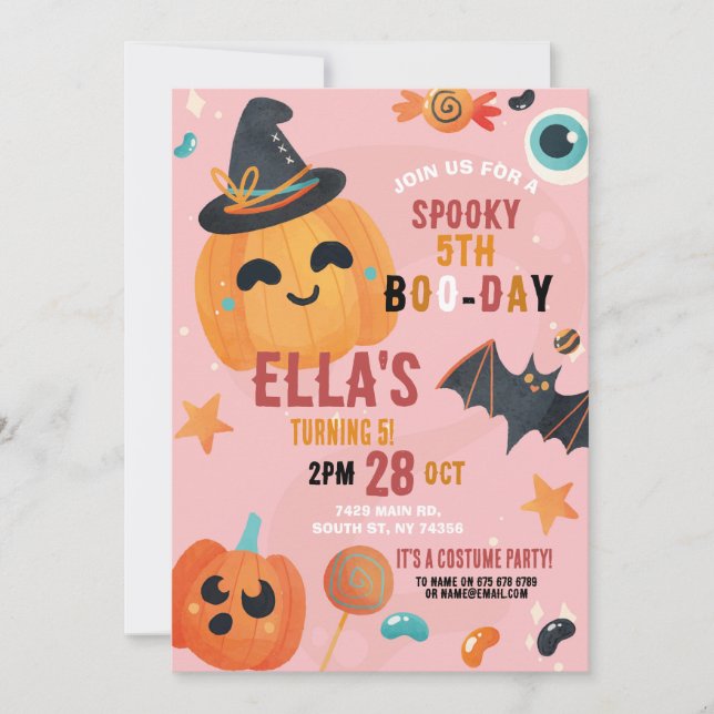 Invitación Cumpleaños Calabaza de Halloween Fiestas rosados n (Anverso)