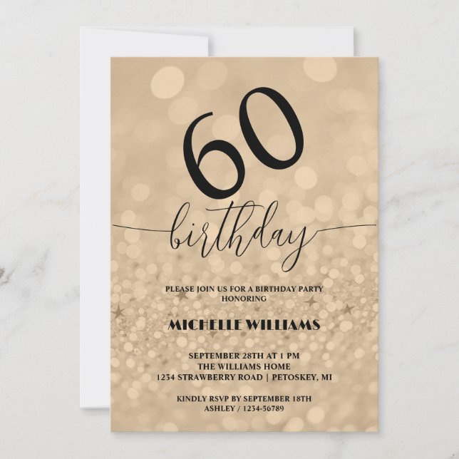 Invitación Cumpleaños Caligrafía Brillo Oro Plata (Anverso)