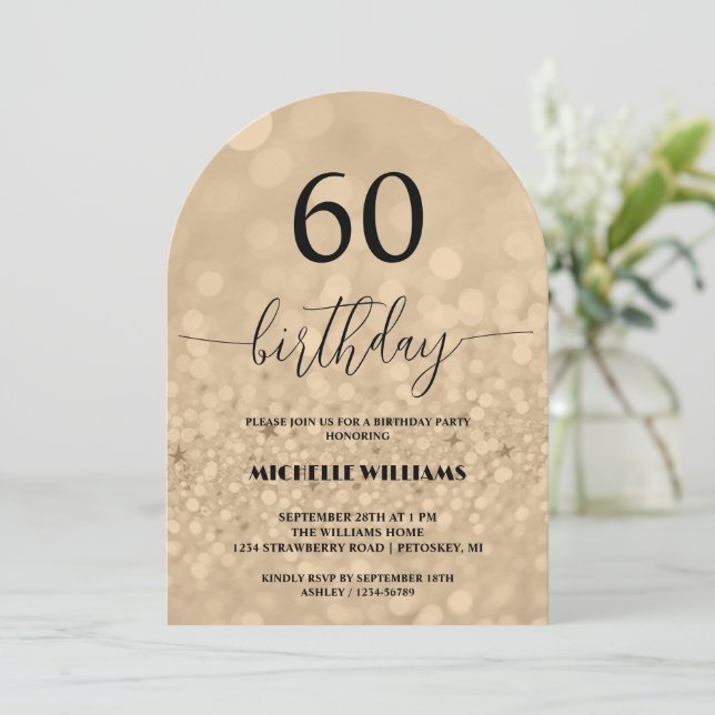 Invitación Cumpleaños Caligrafía Brillo Plata Oro (Anverso de pie)