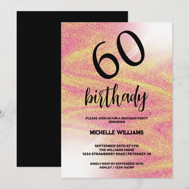 Invitación Cumpleaños Caligrafía Coral Brillo Plateado (Anverso / Reverso)