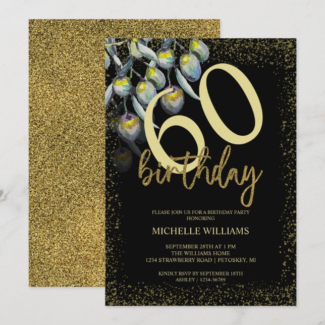 Invitación Cumpleaños Caligrafía Oro Brillo Oliva (Anverso / Reverso)