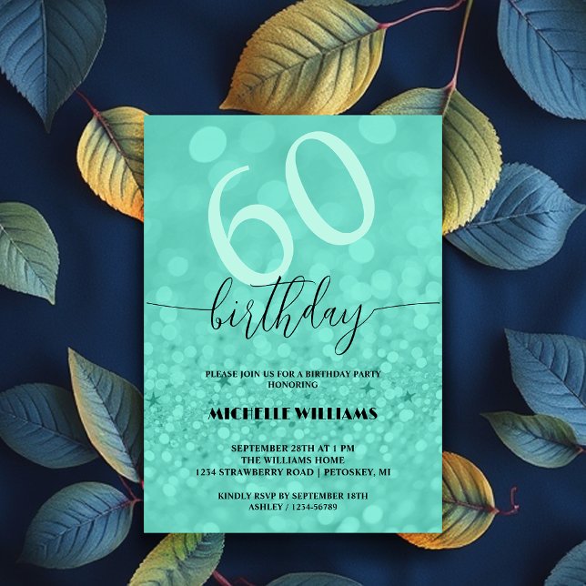 Invitación Cumpleaños Caligrafía Turquesa Brillo Plateado (Subido por el creador)