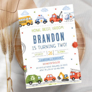 Invitación Cumpleaños Camión Coches Choo Choo Pitido Bocina