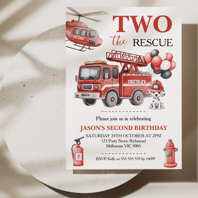 Invitación Cumpleaños Camión de Bomberos Rojo Dos al Rescate  (Two The Rescue Invitation, Fire Truck Birthday Invitation, Boys 2nd Birthday Invite, Dalmatian)