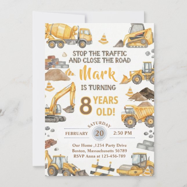 Invitación Cumpleaños Camión de Construcción Amarillo (Anverso)
