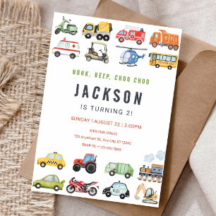 Invitación Cumpleaños Camiones Coches Choo Choo Bocina Pitido