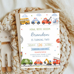Invitación Cumpleaños Camiones Coches Choo Choo Sonidos