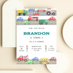Invitación Cumpleaños Camiones Coches Transporte Cualquier Ed