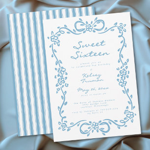 Invitación Cumpleaños caprichoso azul dibujado floral Sweet S