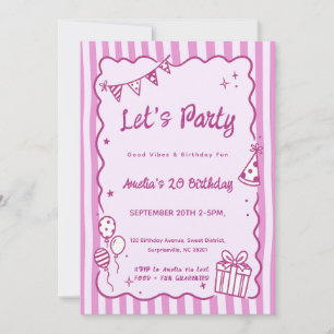 Invitación Cumpleaños caprichoso con rayas rosadas y doodles
