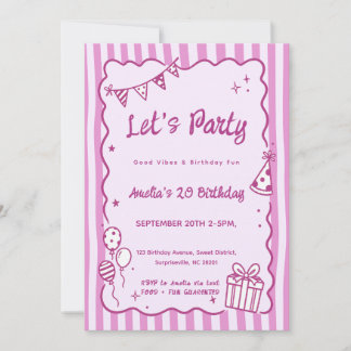 Invitación Cumpleaños caprichoso con rayas rosadas y doodles