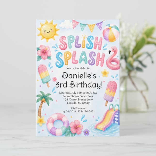 Invitación Cumpleaños caprichoso de acuarela Splash  (Anverso de pie)