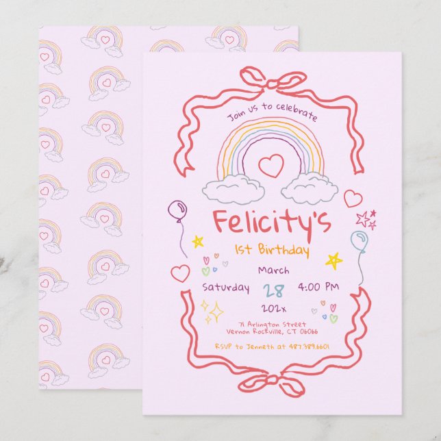 Invitación Cumpleaños caprichoso de arcoíris dibujado a mano (Anverso / Reverso)