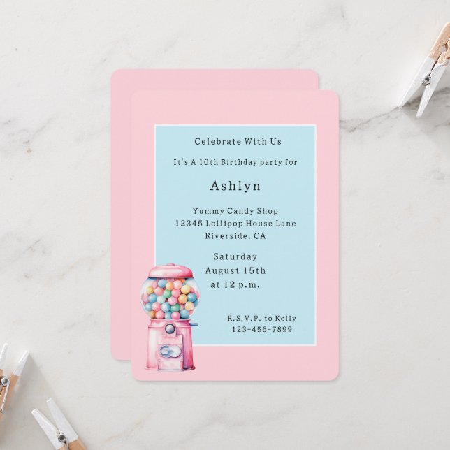 Invitación Cumpleaños caprichoso de chicle rosa azul (Anverso/Reverso In Situ)