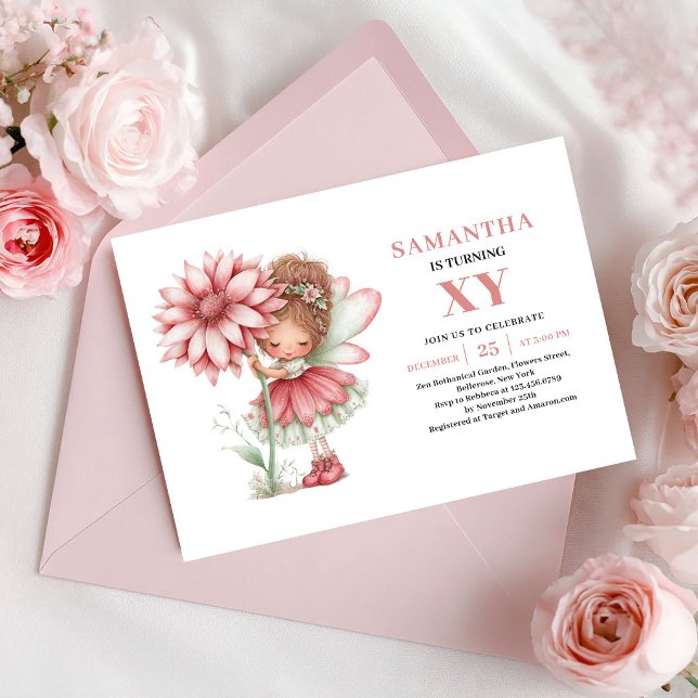 Invitación Cumpleaños caprichoso de la niña hada con flores r (Whimsical Fairy Girl 1st Birthday Blush Floral Invitation)