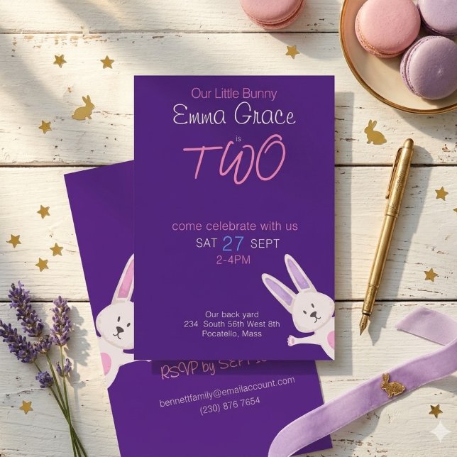 Invitación Cumpleaños caprichoso moderno de conejo rosa 2do (Subido por el creador)