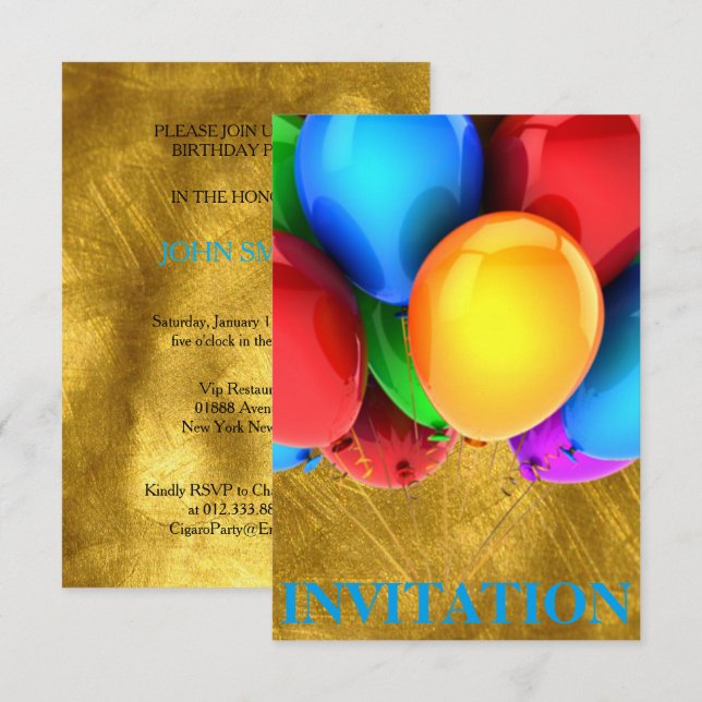 Invitación Cumpleaños Carnaval Ballons Gold (Anverso / Reverso)