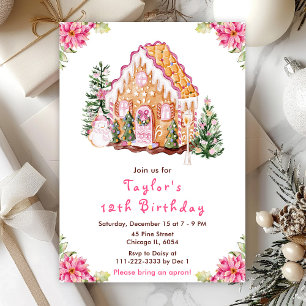 Invitación Cumpleaños Casa de Pan de Jengibre Rosa