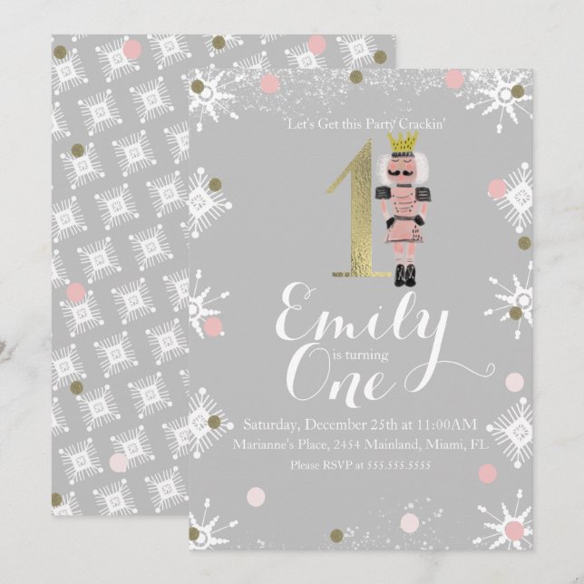 Invitación Cumpleaños Cascanueces de Hojalata Copos de Nieve  (Anverso / Reverso)