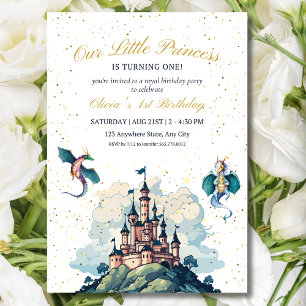 Invitación Cumpleaños Castillo Princesa Dragón Fantasía Fiest