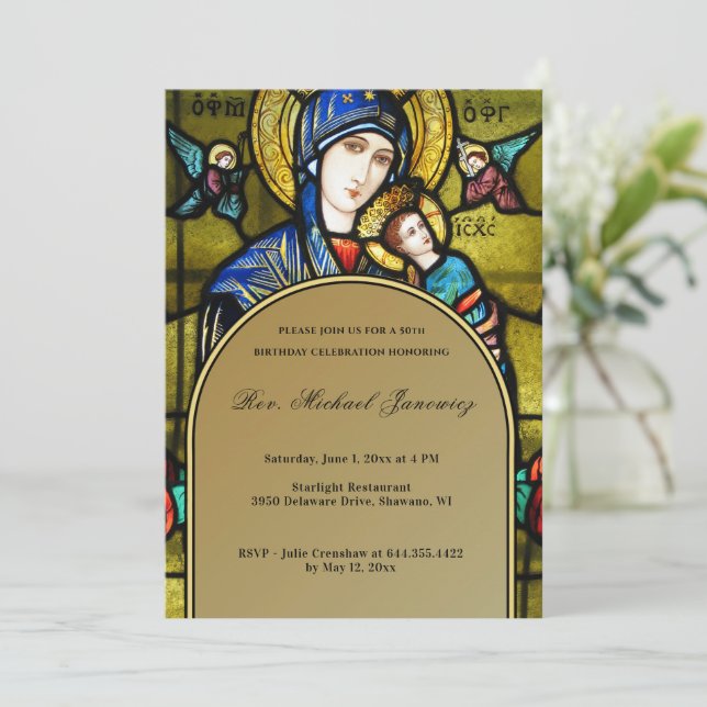 Invitación Cumpleaños Católico Vidrio Reloj Religioso  (Anverso de pie)