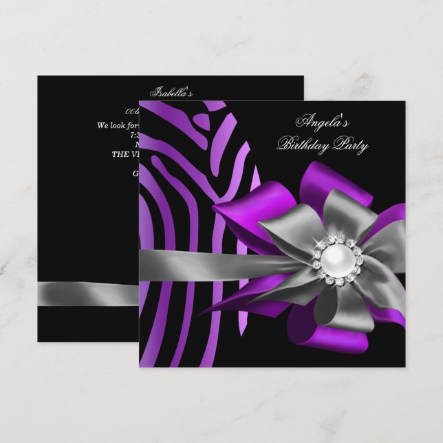 Invitación Cumpleaños Cebra Morado Negro Plata Arco Perla (Anverso / Reverso)