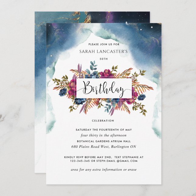 Invitación Cumpleaños Celeste, Floral de tono jewel (Anverso / Reverso)