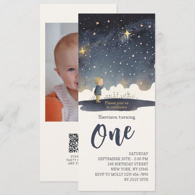 Invitación Cumpleaños Celestial Estrellas Acuarela Niño Moder (Anverso / Reverso)