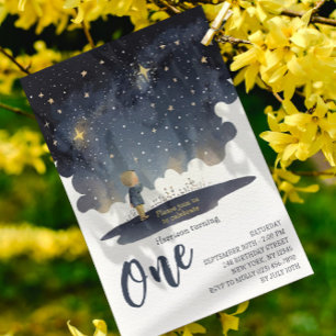 Invitación Cumpleaños Celestial Estrellas Acuarela Niño Moder