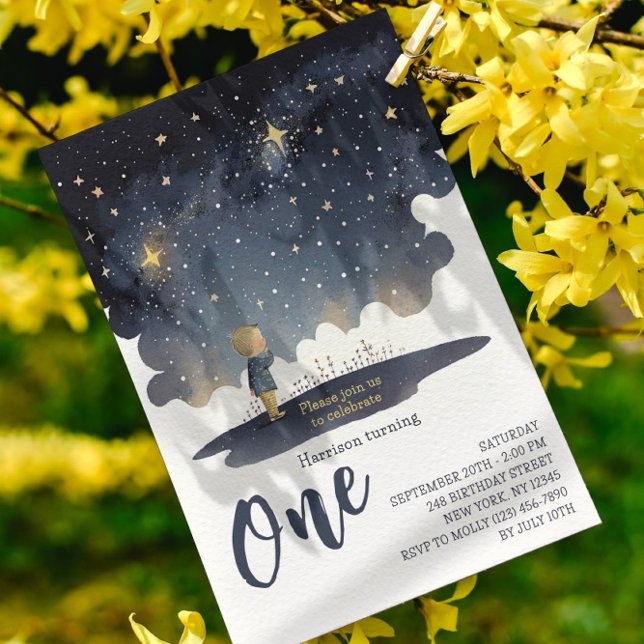Invitación Cumpleaños Celestial Estrellas Acuarela Niño Moder (Subido por el creador)