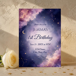 Invitación Cumpleaños Celestial Luna y Estrellas Acuarela Pri