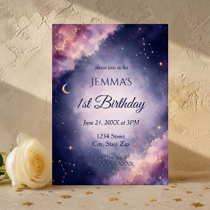 Invitación Cumpleaños Celestial Luna y Estrellas Acuarela Pri