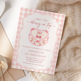 Invitación Cumpleaños Cereza Sobre Rosa Gingham 1