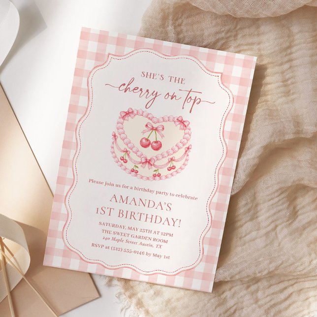 Invitación Cumpleaños Cereza Sobre Rosa Gingham 1 (Subido por el creador)