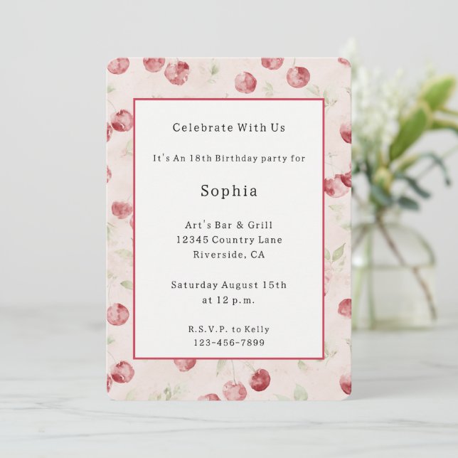 Invitación Cumpleaños Cerezas Rojas Crema   (Anverso de pie)