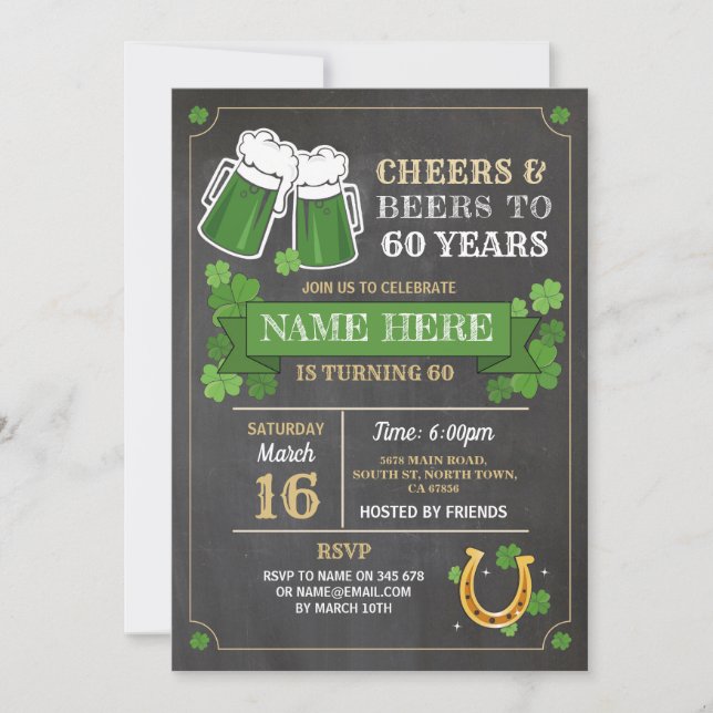 Invitación Cumpleaños Cervezas Salud Día de San Patricio Fies (Anverso)