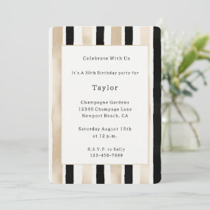 Invitación Cumpleaños Champagne Crema Rayas Negras Blancas