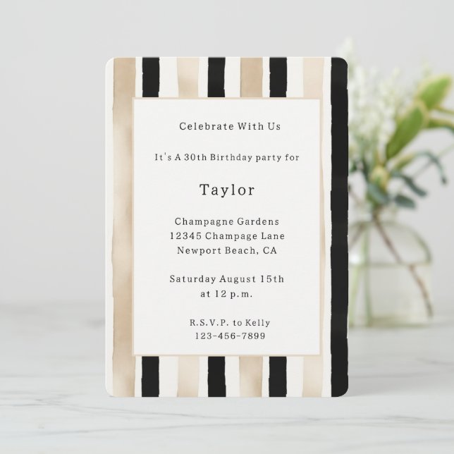 Invitación Cumpleaños Champagne Crema Rayas Negras Blancas (Anverso de pie)