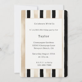 Invitación Cumpleaños Champagne Crema Rayas Negras Blancas