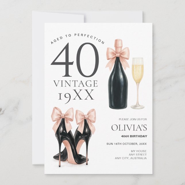 Invitación Cumpleaños Champán 40 Cumpleaños Glam Perfecto con (Anverso)