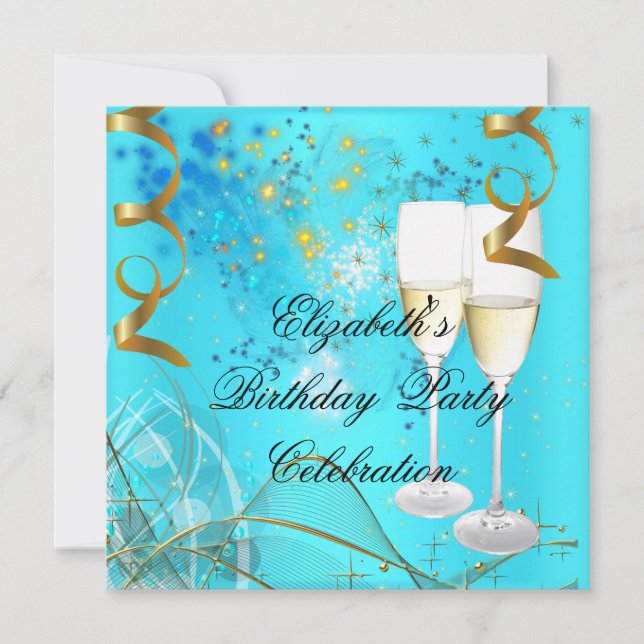 Invitación Cumpleaños Champán Azul Teal Dorado (Anverso)