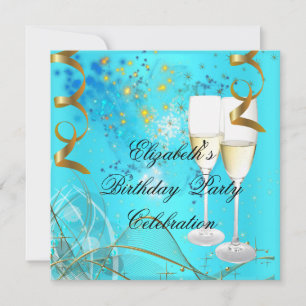 Invitación Cumpleaños Champán Azul Teal Dorado