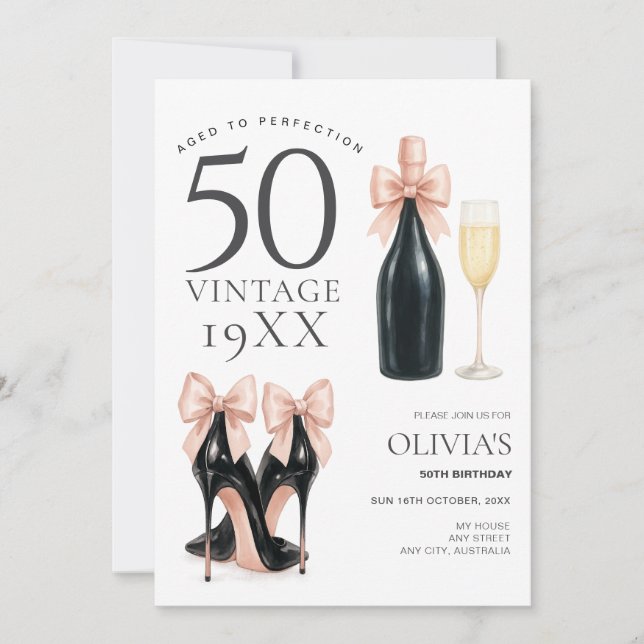Invitación Cumpleaños Champán Glam 50 Cumpleaños Envejecido a (Anverso)
