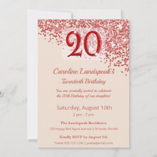 Invitación Cumpleaños Champán Glitter Rojo Rubí 20 