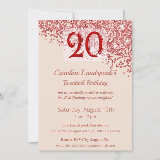 Invitación Cumpleaños Champán Glitter Rojo Rubí 20  (Anverso)