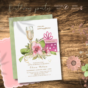 Invitación Cumpleaños Champán Magnolia Rosa Acuarela Chic