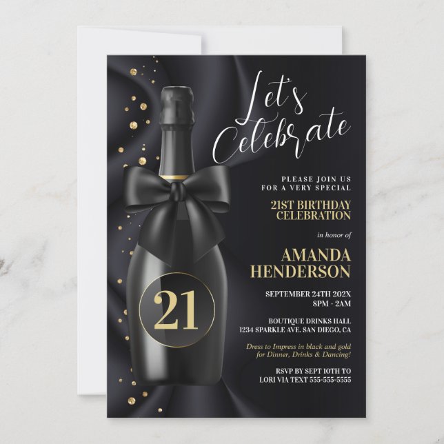 Invitación Cumpleaños Champán Negro y Dorado (Anverso)