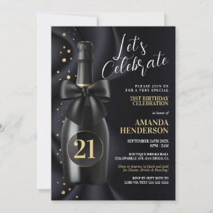 Invitación Cumpleaños Champán Negro y Dorado