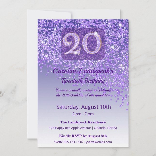 Invitación Cumpleaños Chic 20 Purpurina Morada (Anverso)