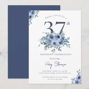Invitación Cumpleaños Chic 37º Floral Azul Polvoriento Acuare